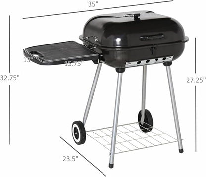 Portable Charcoal Grill with Lockable Lid & Wheels - 35 Inch Outdoor BBQ Grill for Camping, Picnics, Backyard - Porcelain-Enameled Bowl, Adjustable Damper, Warming Grate, Foldable Shelf - Rust-Resista