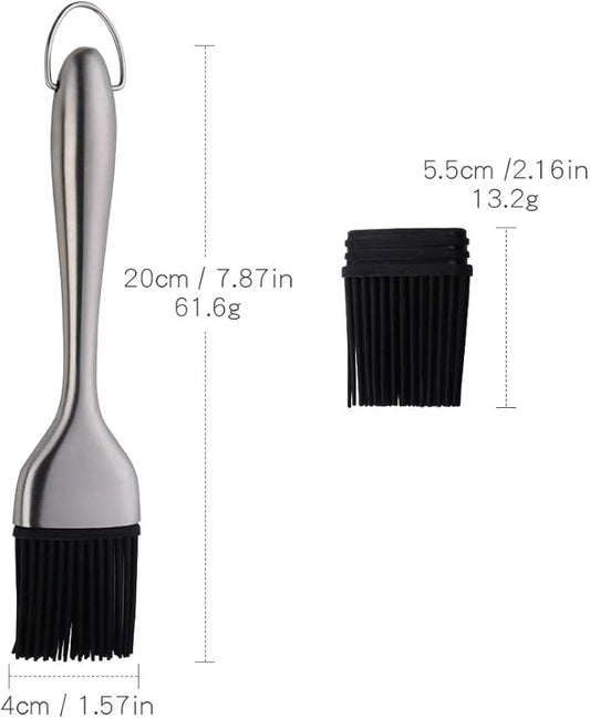 2 Pack Grill Basting Brush with 2 Pack Back Up Silicone Brush Heads, No Shed Bristles Stainless Steel Handles Heatproof Rust Resistant, Pastry Brushes for Kitchen Cooking BBQ (Silver)