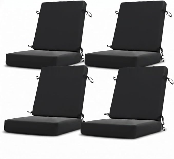 California Umbrella Outdoor Dining Chair, Set of 4 Patio Seat Cushions, 20 x 40 Inch, Premium Outdoor Memory Foam, Fade Resistant, Sunbrella Fabric, Fabric Ties, Black