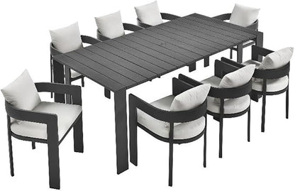 Modway Tahoe Outdoor Patio Powder-Coated Aluminum 9-Piece Dining Set in Gray White - Rectangular Patio Furniture Set for 8 - Outside Table with Umbrella Hole and Cushioned Chairs - Modern Patio Set