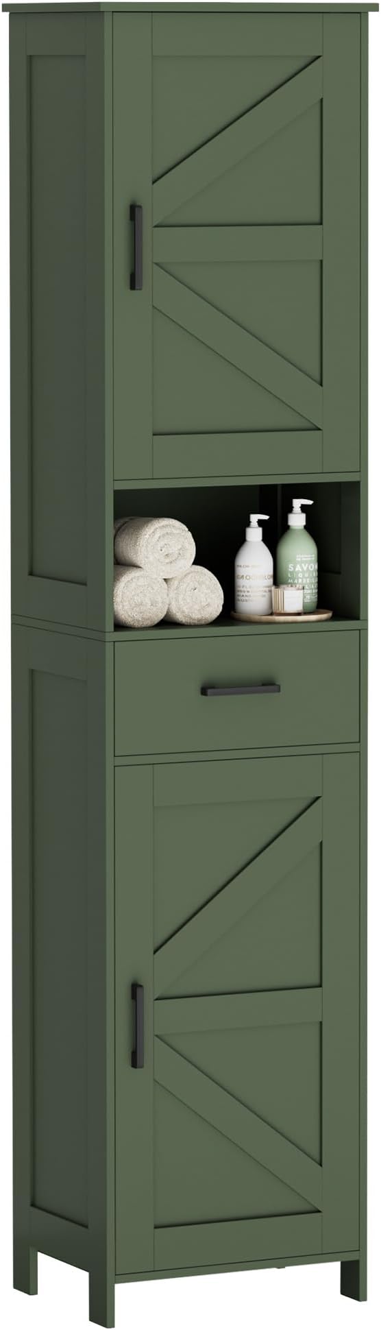 Homhedy 67" H Tall Bathroom Storage Cabinet with Barn Doors and Drawer | Narrow Storage Unit with Adjustable Shelves, Floor Cabinet for Bathroom, Living Room, Entryway or Kitchen, Green, 15.7" W