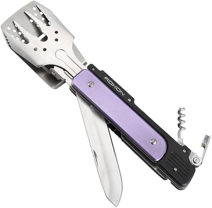 ROXON S601 14" 6 in 1 MBT3 Folding Grill Utensils Set Fork Spatula Grilling Knife Tongs Opener for Backyard Barbecue and Camping (Purple)