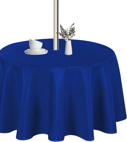 LUSHVIDA Round Outdoor Tablecloth with Umbrella Hole 70 Inch Blue | Washable Waterproof Zipper Table Cloth Cover Spill Proof Wrinkle Free for Patio Spring Summer Picnic BBQS
