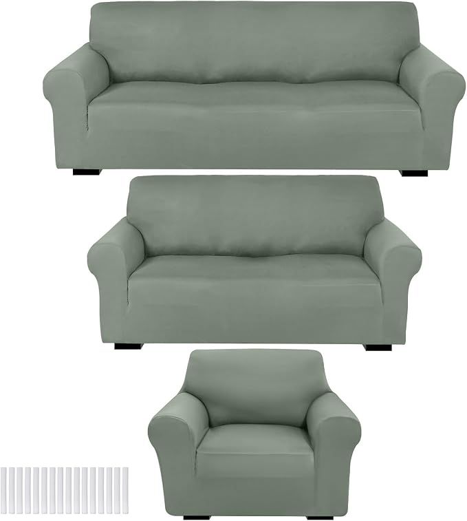 Peryiter 3 Pcs Couch and Loveseat Sofa Covers,Sage Green,Milk Silk | Armchair Covers for Living Room, Sofa Cushion Slipcover, Furniture Protector, Polyester and Spandex, Washable