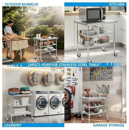 KUARBARR Stainless Steel Table with Wheels Stainless Steel Prep Table 24 x 30 Inch, NSF Commercial SS Metal Kitchen Prep Worktable for Restaurant Kitchen Garage Warehouse