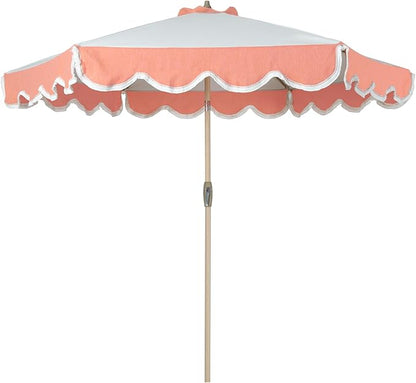 Tempera 9ft Scalloped Patio Umbrellas with Fringe, Market Umbrellas with Water-Resistant and Fade Resistant Canopy, 1.5" Wood Pole & Button Tilt,Beige Spliced Coral Red