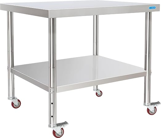 KUARBARR Stainless Steel Table for Prep & Work with 4 Caster Wheels with Undershelf 30 x 36 NSF Metal Commercial Kitchen Adjustable Under Shelf Worktable for Restaurant Home Outdoor