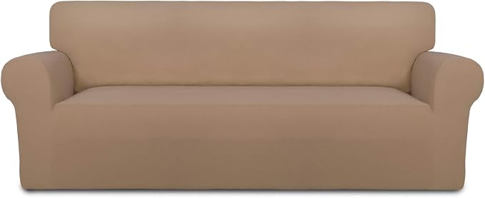 PureFit Stretch Couch Covers for Sofa Large Sofa Slipcovers Camel | 1-Piece Spandex Couch cover Soft Couch protector, Sofa cover Washable with Non Skid Foam and Elastic Bottom for Kids, Dogs