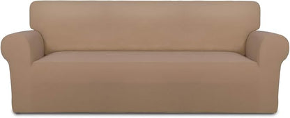 PureFit Stretch Couch Covers for Sofa Large Sofa Slipcovers Camel | 1-Piece Spandex Couch cover Soft Couch protector, Sofa cover Washable with Non Skid Foam and Elastic Bottom for Kids, Dogs
