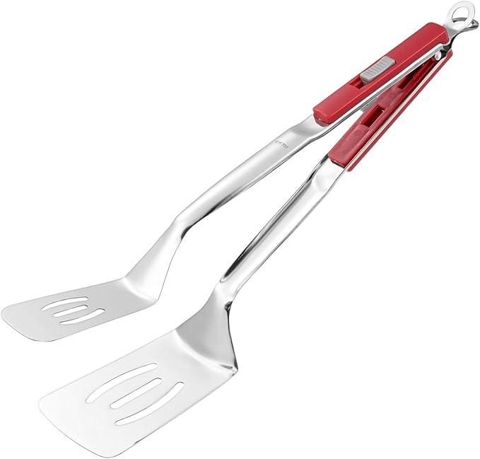 M METERXITY Spatula Tongs, 13.4 Inch 304 Stainless Steel Anti-Scald Extended Multifunctional Flipper Grill Clamp for Cooking/Barbecue, Kitchen Cooking Tongs [Red Handle, Silver Tone]
