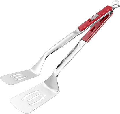 M METERXITY Spatula Tongs, 13.4 Inch 304 Stainless Steel Anti-Scald Extended Multifunctional Flipper Grill Clamp for Cooking/Barbecue, Kitchen Cooking Tongs [Red Handle, Silver Tone]