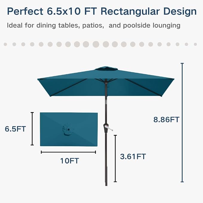 6.5' x 10' Rectangular Patio Umbrella Large Outdoor Market Umbrella w/UV Protection, Push Button Tilt and Crank Lift, Rectangle Table Umbrella for Garden, Deck, Pool, Patio, Lake Blue