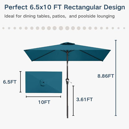 6.5' x 10' Rectangular Patio Umbrella Large Outdoor Market Umbrella w/UV Protection, Push Button Tilt and Crank Lift, Rectangle Table Umbrella for Garden, Deck, Pool, Patio, Lake Blue