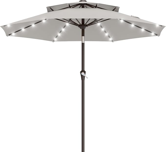 AreShark 9ft 2 Tiers Patio Umbrella with Solar Lights, Outdoor Umbrella w/ 32 LED Lights&8 Sturdy Ribs, Table Umbrella for Deck, Backyard, Pool(Light Gray)