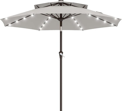 AreShark 9ft 2 Tiers Patio Umbrella with Solar Lights, Outdoor Umbrella w/ 32 LED Lights&8 Sturdy Ribs, Table Umbrella for Deck, Backyard, Pool(Light Gray)