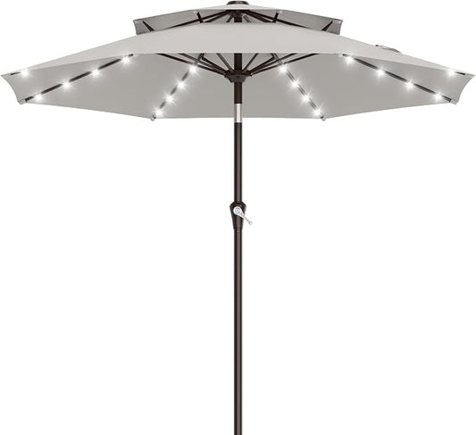 AreShark 9ft 2 Tiers Patio Umbrella with Solar Lights, Outdoor Umbrella w/ 32 LED Lights&8 Sturdy Ribs, Table Umbrella for Deck, Backyard, Pool(Light Gray)