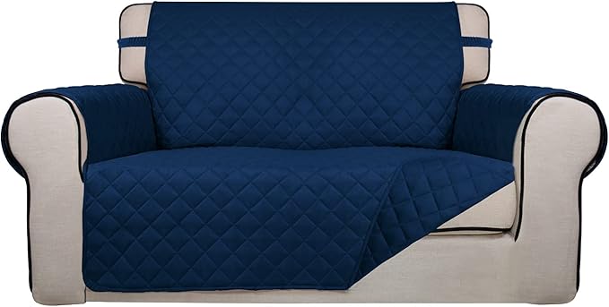 PureFit Reversible Quilted Sofa Cover, Water Resistant Medium Slipcover Furniture Protector, Washable Couch Cover with Non Slip Foam and Elastic Straps for Kids, Pets (Loveseat, Navy/Navy) | Navy/Navy, Water Resistant Couch Protector, Washable Pet Couc...