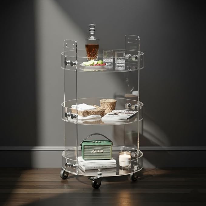 ONELUX Round Acylic Serving Cart for Home,Acylic Side Table on Wheels,Rolling Beverage Storage Shelf for Kitchen Dining Room (2615 (3-Layer))
