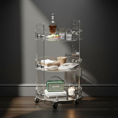 ONELUX Round Acylic Serving Cart for Home,Acylic Side Table on Wheels,Rolling Beverage Storage Shelf for Kitchen Dining Room (2615 (3-Layer))