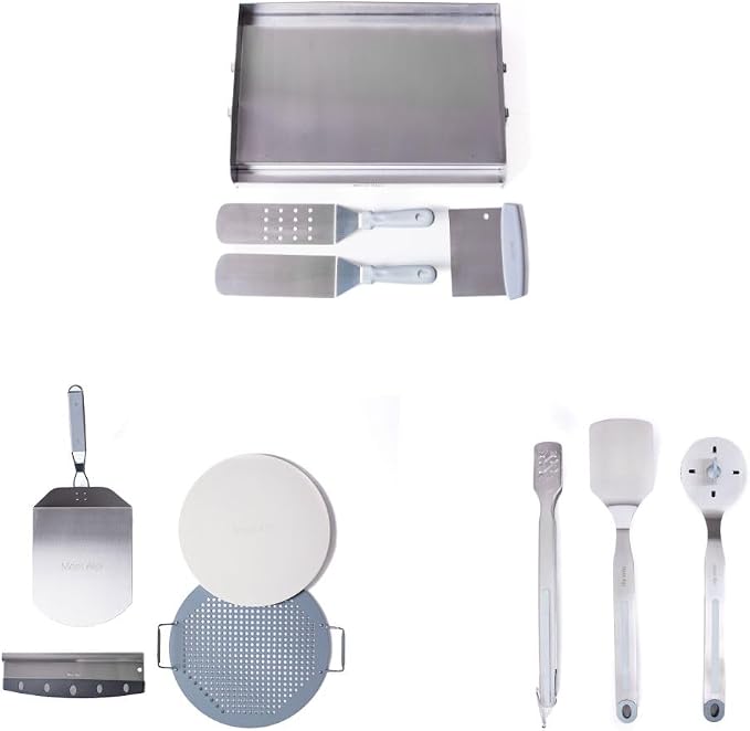 Mont Alpi Black Stainless Steel Outdoor Kitchen Island 32"W 4-Burner Built-in BBQ Grill + Accessories - Flat Top Griddle Hot Plate + Pizza Kit with Cutter & Stone + Spatulas + Tongs + Cleaning Brush