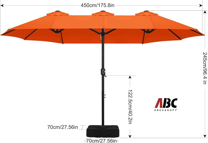ABCCANOPY 15FT Double-Sided Rectangle Patio Umbrella with Base, Orange | Rectangular Outdoor Table Umbrella with Crank, Heavy Duty Market Umbrella Shade for Garden,Poolside, Lawn, Backyard