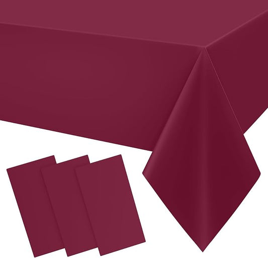 Smiry Disposable Table Cloth 3 Pack, 54 x 108 Inch Waterproof Plastic Tablecloth, Decorative Rectangle Table Covers for Party, Birthday, Picnic, Wine Red