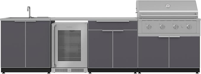 NewAge Products Outdoor Kitchen Aluminum 6 Piece Cabinet Set with Sink, Bar, Grill Cabinet, Performance Grill, Countertop and Fridge, 66327