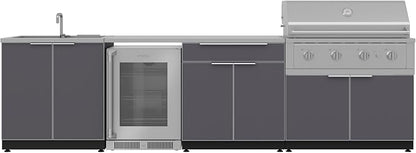 NewAge Products Outdoor Kitchen Aluminum 6 Piece Cabinet Set with Sink, Bar, Grill Cabinet, Performance Grill, Countertop and Fridge, 66327