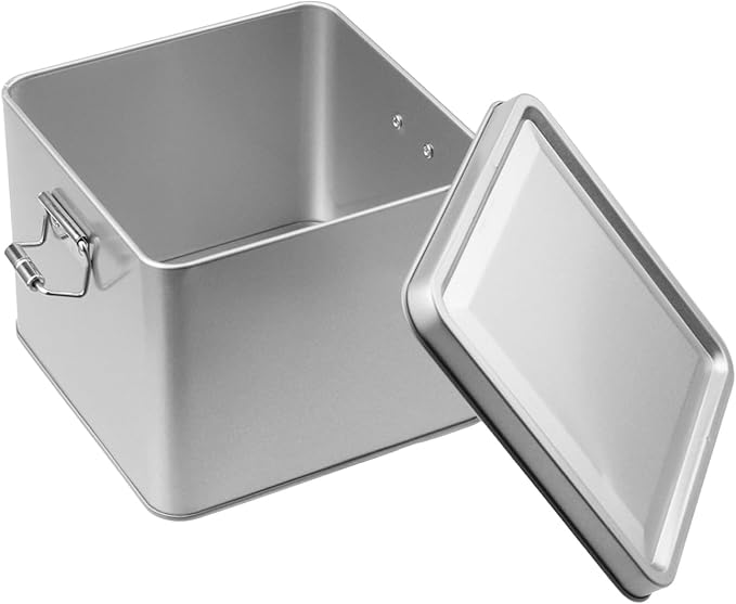 2 Pack Silver Tin Box Containers Metal Storage Box with Lids Rectangular Containers with Buckle Latch for Home Storage Outdoor Usage(4.72"×4.72"×3.74")