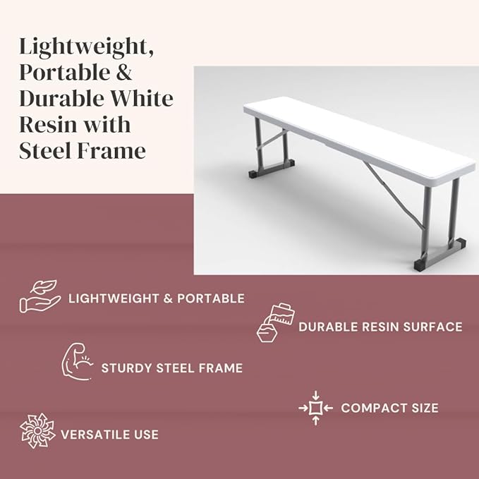 2.75ft Plastic Folding Bench – Lightweight and Portable White Resin with Durable Steel Frame, 33”x8”x16” - (Pack of 1, White, 2.75 Feet)