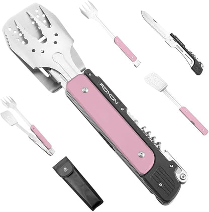ROXON S601 14" 6 in 1 MBT3 Folding Grill Utensils Set Fork Spatula Grilling Knife Tongs Opener for Backyard Barbecue and Camping (Pink)