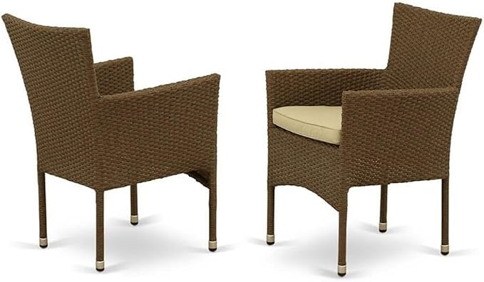East West Furniture OSBK7-02A 7 Piece Outdoor Wicker Patio Furniture Sets Consist of a Rectangle Bistro Table with Glass Top and 6 Balcony Armchair with Cushion, 36x60 Inch, Brown