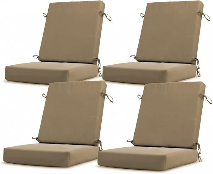 California Umbrella Outdoor Dining Chair, Set of 4 Patio Seat Cushions, 20 x 40 Inch, Premium Outdoor Memory Foam, Fade Resistant, Sunbrella Fabric, Fabric Ties, Heather Beige