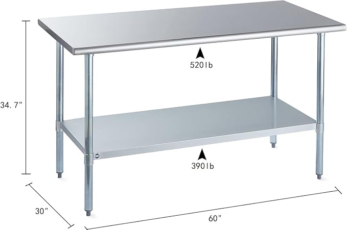 ROCKPOINT Stainless Steel Table for Prep & Work 30x60 Inches, NSF Metal Commercial Kitchen Heavy Duty Table with Adjustable Under Shelf and Table Foot for Restaurant, Home and Hotel