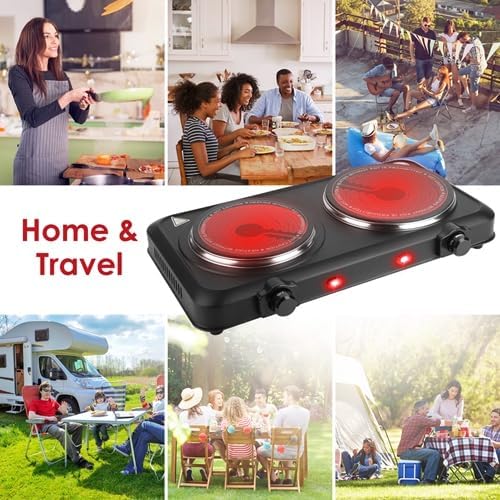 1800W Portable Dual Burner Heating Stove, Countertop RV Stove with 7.5" & 6.3" Glass Cooktop, Stepless Temperature Adjustment