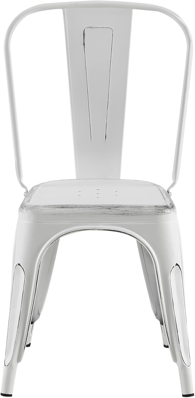 AC Pacific Stackable Metal Dining Chairs Set of 4 for Indoor and Outdoor Use, Durable Stacking Seat, Farmhouse Kitchen, Bar, Patio, Bistro, Cafe, Industrial Style, Sanded Matte White