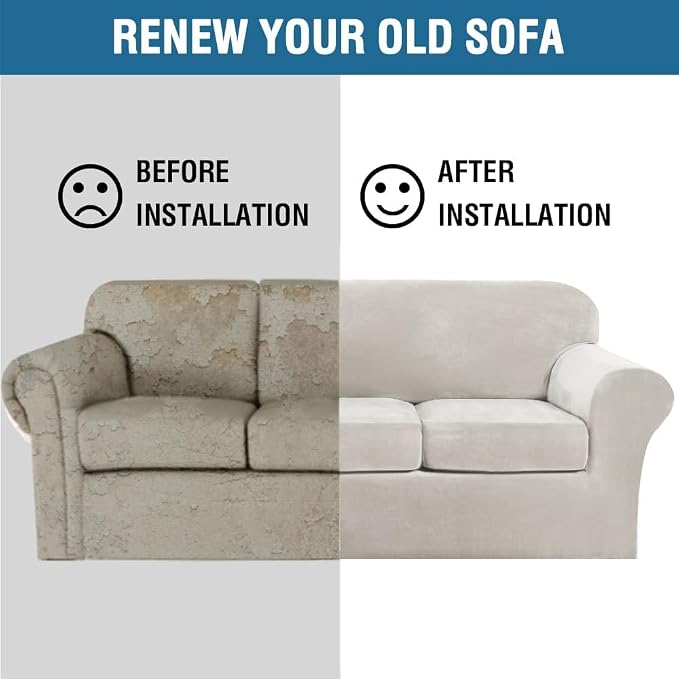 H.VERSAILTEX High Stretch Sofa Slipcover 4 Piece Cover Velvet Furniture Protector Form Fit Thick Velvet Extra Large Sofa Cover for 3 Cushion Couch Width Up to 97 Inch (Large Sofa, Oatmeal)