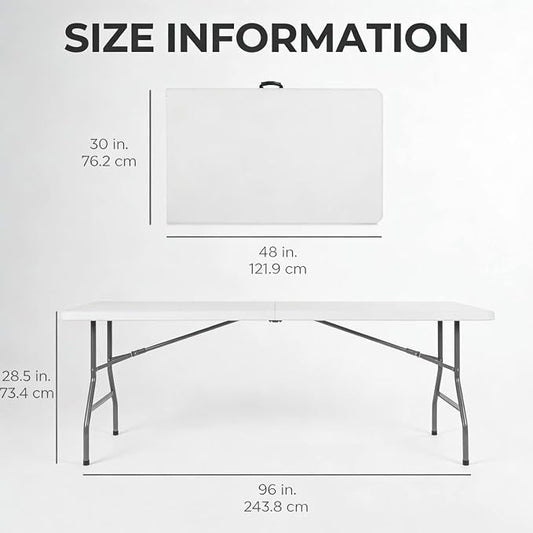 8ft Folding Table, Portable Foldable Plastic Table with Heavy-Duty Top & Reinforced Legs, 360lbs Capacity for Wedding, Party, Camping, Craft Fair, Picnic, Indoor Outdoor Use, White