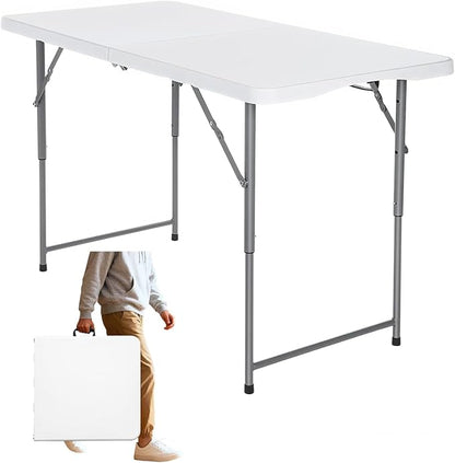 FoldingTable 4 Foot Portable Heavy Duty Plastic Table and Adjustable Height Folding with Carrying Handle,Indoor Outdoor with Kids Table, Picnic,Party,Camping White