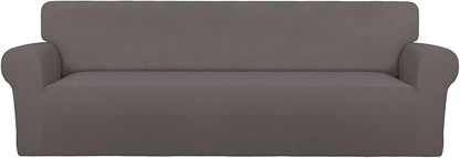 PureFit Stretch Couch Covers for Sofa 4 Seater Slipcovers Taupe | 1-Piece Sofa Cover Washable Soft Couch protector, Couch Slipcover with Non Skid Foam and Elastic Bottom for Kids, Dogs