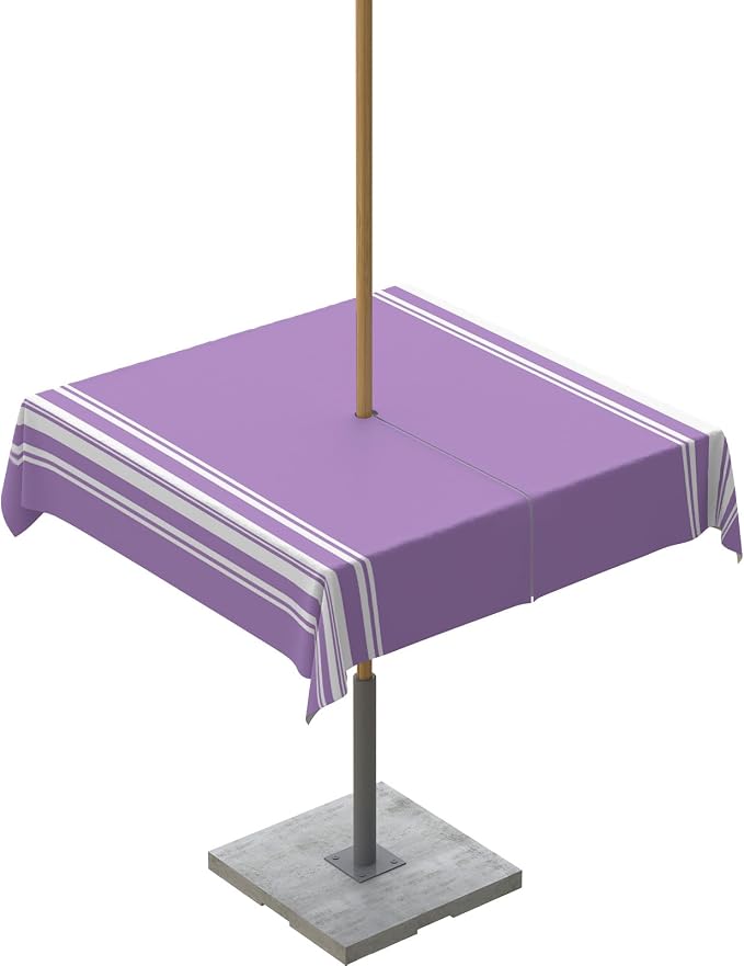 QueenKer Farmhouse Outdoor Tablecloth with Umbrella Hole, Purple White Stripe Square Tables Zippered Table Cloth Waterproof Tabletop Table Cover Collection for Patio, Garden, Picnic, Camping, Dining