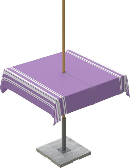 QueenKer Farmhouse Outdoor Tablecloth with Umbrella Hole, Purple White Stripe Square Tables Zippered Table Cloth Waterproof Tabletop Table Cover Collection for Patio, Garden, Picnic, Camping, Dining