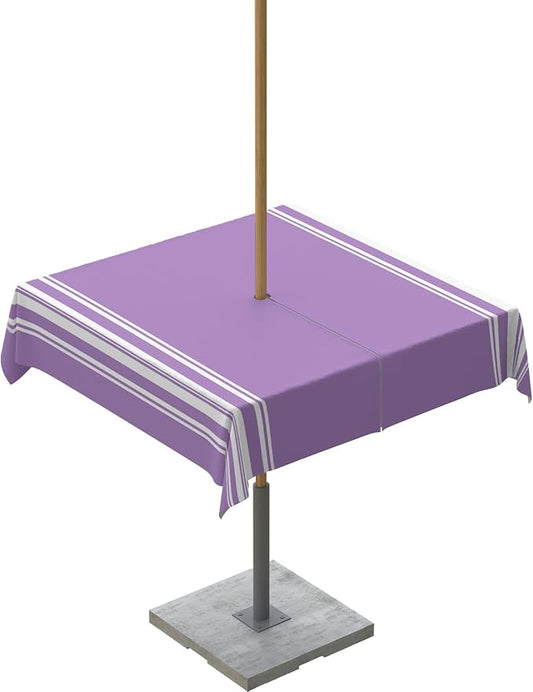 QueenKer Farmhouse Outdoor Tablecloth with Umbrella Hole, Purple White Stripe Square Tables Zippered Table Cloth Waterproof Tabletop Table Cover Collection for Patio, Garden, Picnic, Camping, Dining