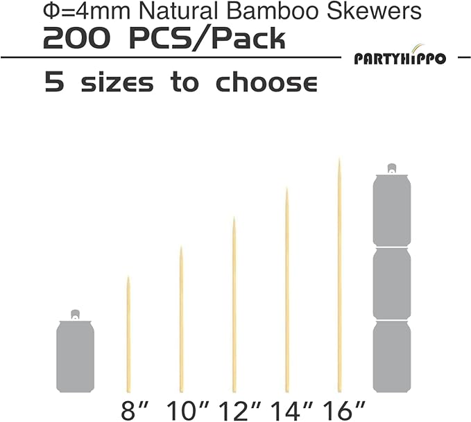 Party Hippo 12 Inch Natural Bamboo Skewers, 4mm Thick, 200 Pack – BBQ Kabob Sticks for Grilling, Fruit, Chocolate Fountain, Crafts & Parties – More Size Choices /8"/10"/12"/14"/16" (12" / 200 ct)