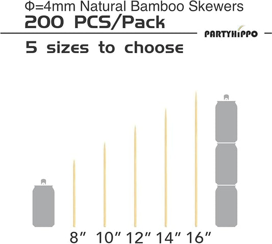 Party Hippo 12 Inch Natural Bamboo Skewers, 4mm Thick, 200 Pack – BBQ Kabob Sticks for Grilling, Fruit, Chocolate Fountain, Crafts & Parties – More Size Choices /8"/10"/12"/14"/16" (12" / 200 ct)