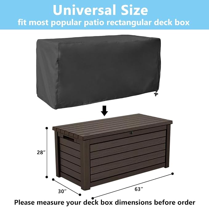 Deck Box Cover, Waterproof Outdoor Storage Box Cover, Heavy Duty Patio Storage Cover with Drawstring for Backyard Garden Furniture, Black, 63 x 30 x 28 in