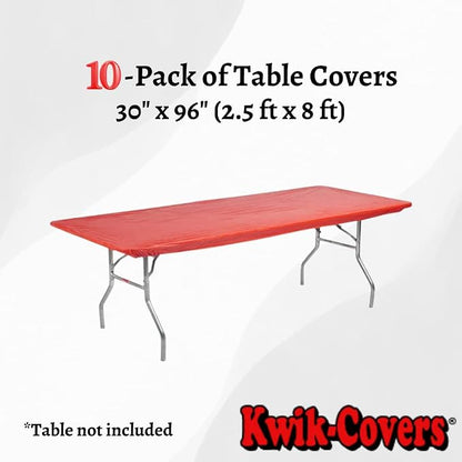 10 Pack of Rectangular Plastic Table Covers - 6' Foot or 8' Foot Options - Indoor or Outdoor Fitted Table Covers (Table NOT Included) (Red, 30" x 96" (8' ft))