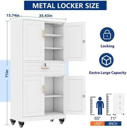 Ckzbx Metal Garage Storage Cabinet with Locking Drawers and Adjustable Shelves,71" H Steel File Cabinet with Wheels for Garage,Office (White)