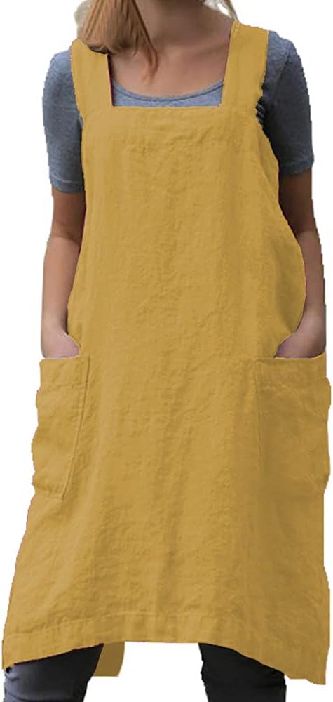 TBA Cotton Linen Apron Cross Back Apron for Women with Big Pockets Square Pinafore Dress for Baking Cooking BBQ & Grill