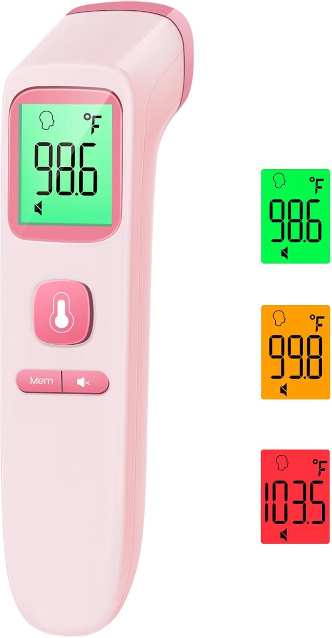 No-Touch Thermometer for Adults, Kids, Babies, 1-Sec Fast Accurate (Pink) | Fever Alarm, Large LCD with 3-Color Backlight, Silent Mode, 35-Reading Memory, Forehead & Object Mode, for Home & Clinic